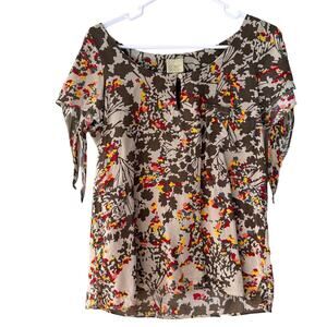 Anthropologie Postella Sz S 100% Silk Brown Beige Floral Short Sleeve Blouse Top